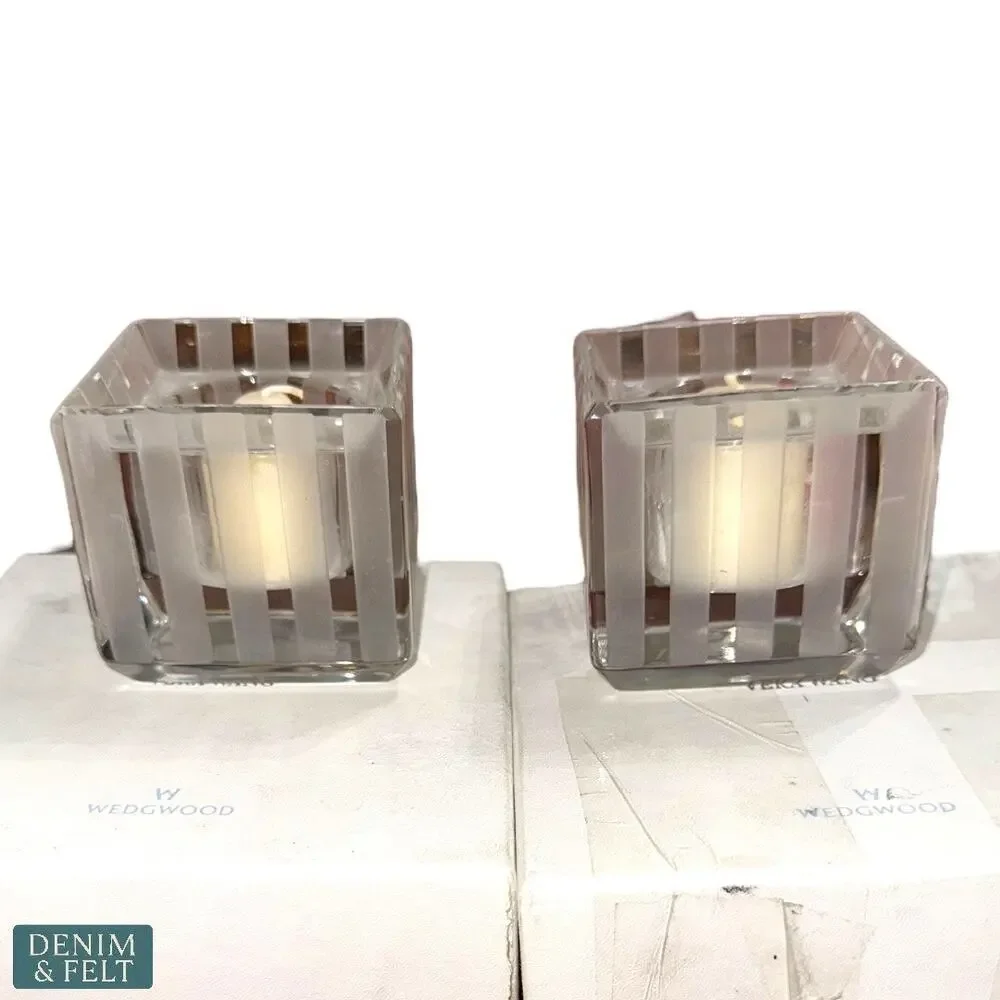 Wedgwood Crystal Votive Holder 3” Square Frosted Stripes Design Set of 2!!‎